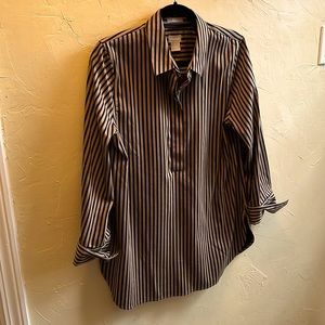 CHICOS No-iron Chic Stretch Gold/Black Striped Half-Button Up Shirt
